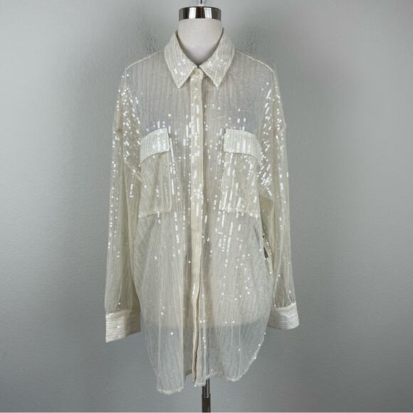 Jeannie Mai X INC Sheer Sequin Oversized  Long Sleeve Shirt NWT XL - Picture 2 of 9